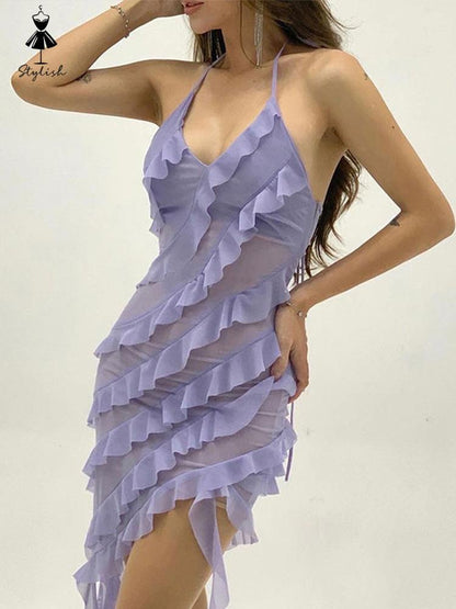 Y2k Sexy See Through Mesh Ruffles Halter Mini Dress Women Slim V-neck Irregular Tiered Dresses Summer Ladies Backless Dress