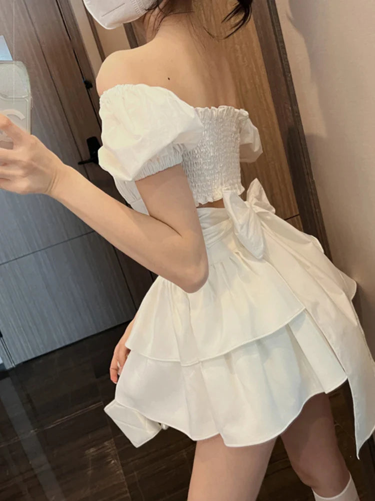 2024 White Sexy Backless Mini Dress Women Korean Fashion Casual Elegant Party Dress Female Ruffle Kawaii Lolita Party Y2k Dress