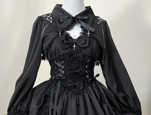 vmtvr  -  Japanese Lolita Dark Gothic Style JSK Lace Stitching Bow Lace-up V-neck Sleeveless High Waist Hot Sweet Black Cake Dress Women