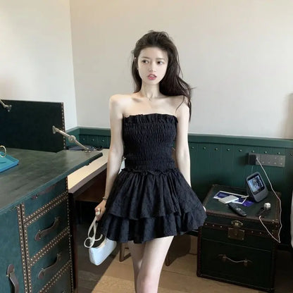 vmtvr Fashion Folds Women Dress Summer Casual Sexy Off Shoulder Female Mini Dresses Y2K Korean Cute Prom Dresses Dress New