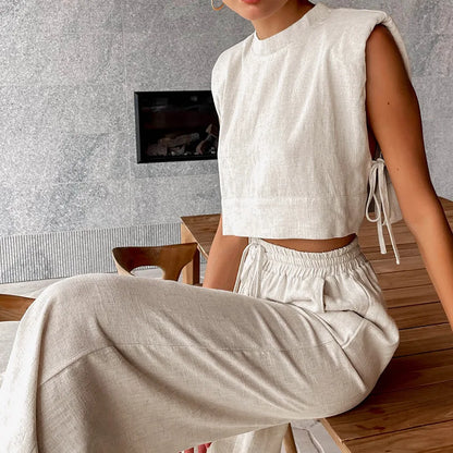 vmtvr Women's Cotton Linen Pants Set Summer Women's Loose Shoulder Pads Side Slit Sleeveless Top Casual Pleated Wide Leg Pants Suit