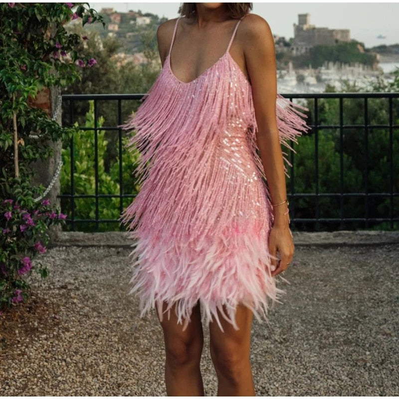 Sequins Tassel Feather Spaghetti Strap Dress Women Fashion Sexy Stitching Mini Dress Evening Party Club Elegant Dress