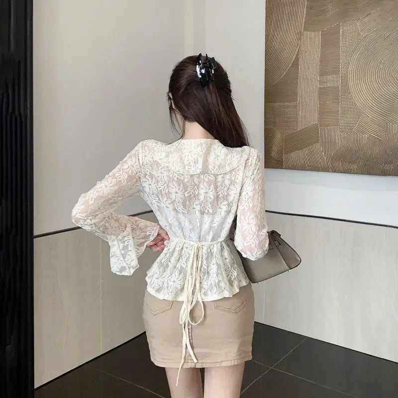 vmtvr Women Fashion Pullover Shirt Korean Casual Streetwear Sexy Hollow Out Tops Summer Female Lace Ruffle Long Sleeve T Shirts