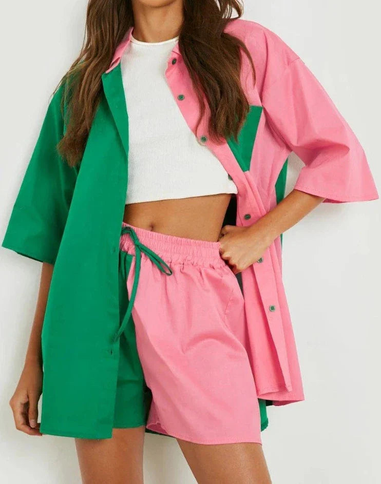 vmtvr Fashion Cotton Women Two Piece Short Sets Summer Spliced Green Pink Oversized Shirt + Shorts 2 Pieces Suit Set