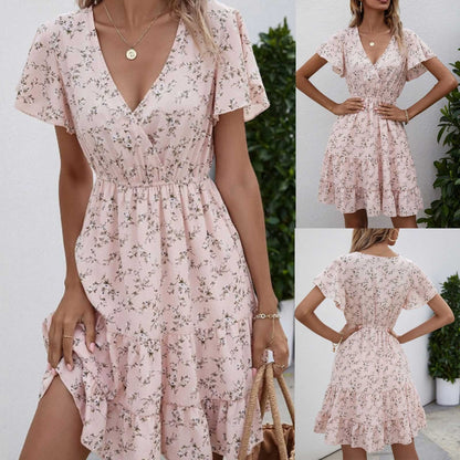 Summer Dress For Women  Fashion V-neck Sexy Short Sleeve Mini Dress Fashion Dress Midi Flower Beach Dress платье летнее