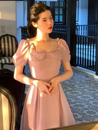 2024 Summer Elegant Vintage Fairy Dress Women Bow Pink Sweet Party Midi Dress Casual Retro Korean Dress Female Puff Sleeve Slim