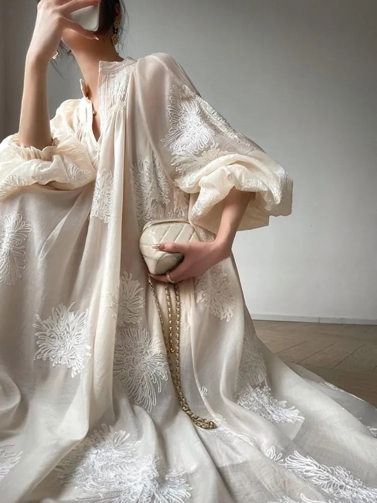 vmtvr Spring Summer Women Embroidery Casual Party Dresses Elegant Lantern Sleeve Vintage A-Line Dress Female Fashion Vestidos Robe