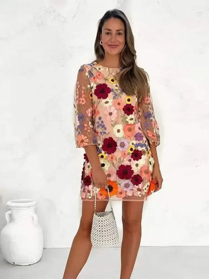 vmtvr  -  Elegant Embroidered 3d Floral Dress For Women Elegant Lace O-neck Long Sleeve Dresses Spring Chic High Street Vestidos