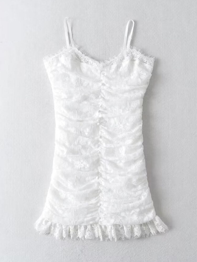 New Women Sleeveless White Sling Lace Dress Fashion Ladies Ruched Bodycon Mini Sexy Robe