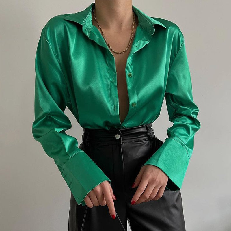 -Fall Outfits Long Sleeve Top Satin Shirts For Women High Street Fashion Solid Turn Down Collar Long Sleeve Tops  New Elegant Spring Office Ladies Shirt