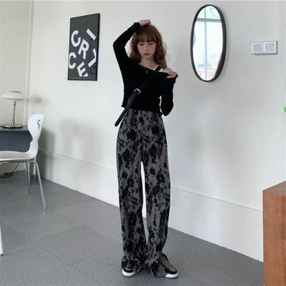 vmtvr Korean Fashion Women Tie Dye Pleated Wide Leg Pants Spring Summer Elastic High Waist Versatile Loose Straight Casual Trousers