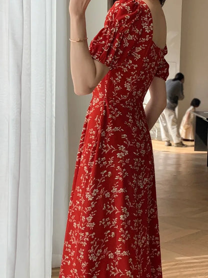 vmtvr Women's Vintage Slim Split Maxi Dress Floral Casual Red Dress Female Fashion Korean Chic Boho Beach Party Spring Summer New