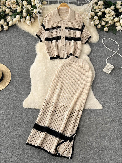 vmtvr - Korean Spring Summer Vacation Style Knitted Twi Piece Set Women Chic Hollow out Sweater Cardigan +Long Maxi Skirt Sets