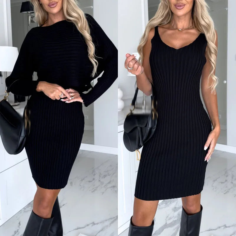 vmtvr Fall Winter Solid Rib Knitted Two-piece Women Set Dress New V-neck Slim Bodycon Dress With Top Pullover Long Sleeve Office Dress