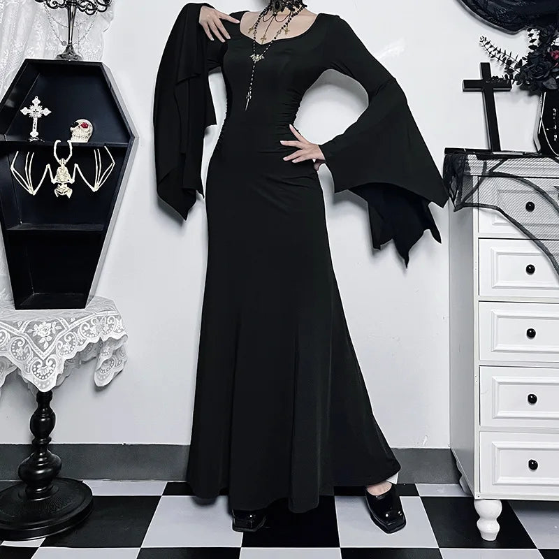 vmtvr  -  Halloween Gothic Vintage Dress Women Square Neck Patchwork Spider Web Flare Sleeves Cosplay Long Party Dress