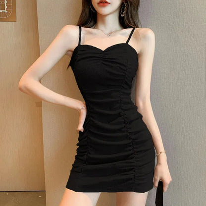 vmtvr Simple Knit Women Sexy Strap Dress Korean Fashion Wrinkle Solid Color Slim Mini Dress Summer Sweet Sleeveless Female Dress