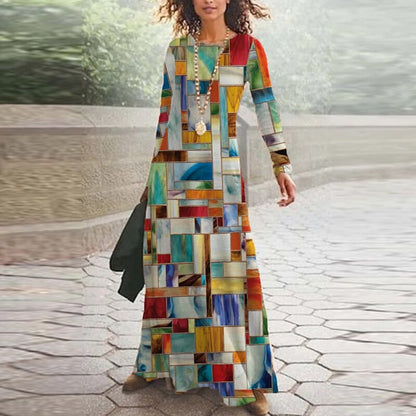 vmtvr  Spring Geometric Print Long Party Dress Women Elegant O Neck Office Maxi Dress Autumn Long Sleeve Hem Boho Lady Dress Mujer