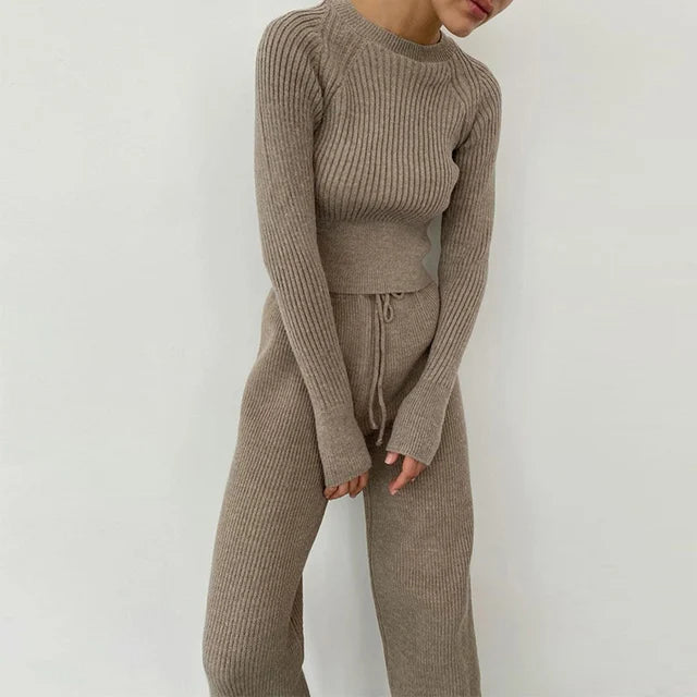 vmtvr Women Solid Knitt Sweater Sets Casual O Neck And Drawstring Wide Leg Pant Suit Autumn Winter Long Sleeve Homewear Loose Outfits