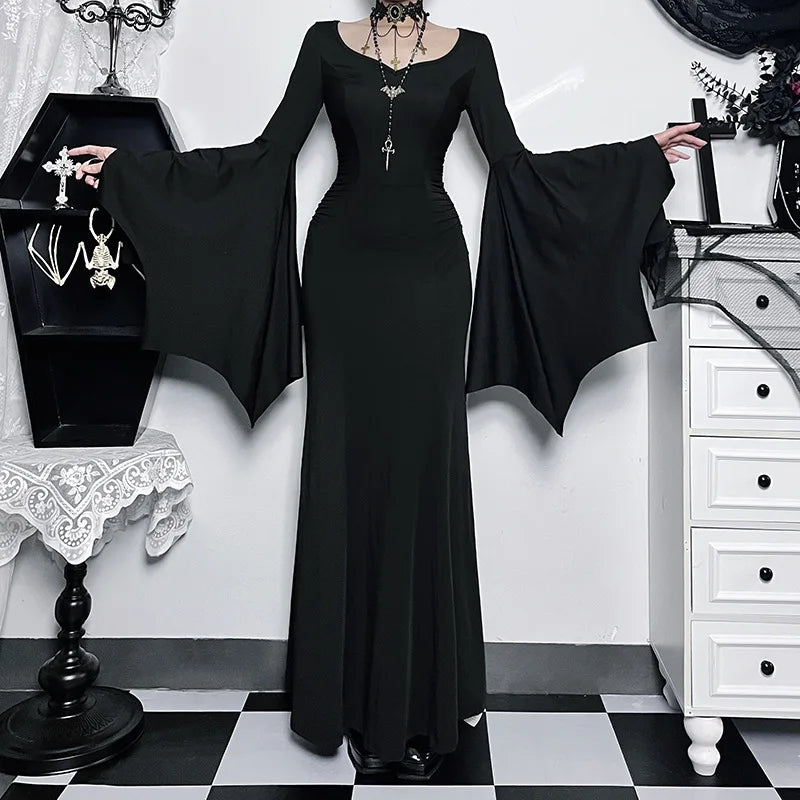 vmtvr  -  Halloween Gothic Vintage Dress Women Square Neck Patchwork Spider Web Flare Sleeves Cosplay Long Party Dress