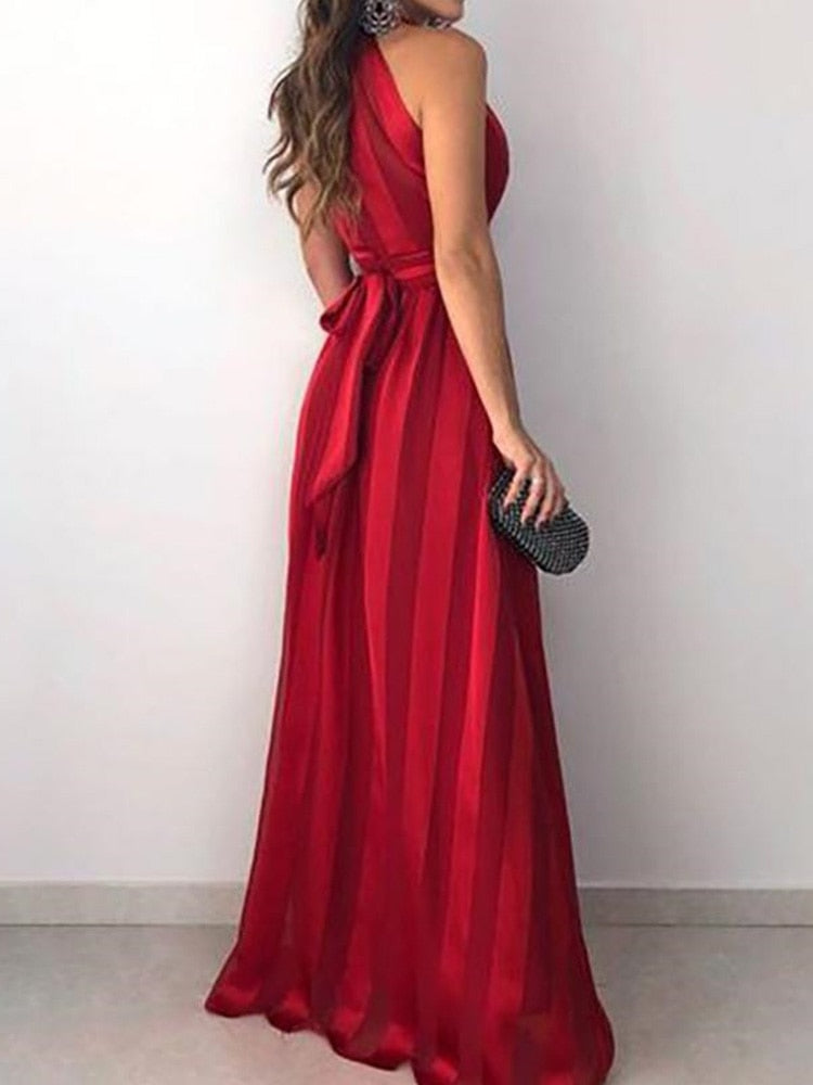 Striped V Neck Sleeveless Maxi Party Dress Women Tied Detail Elegant Long Dress