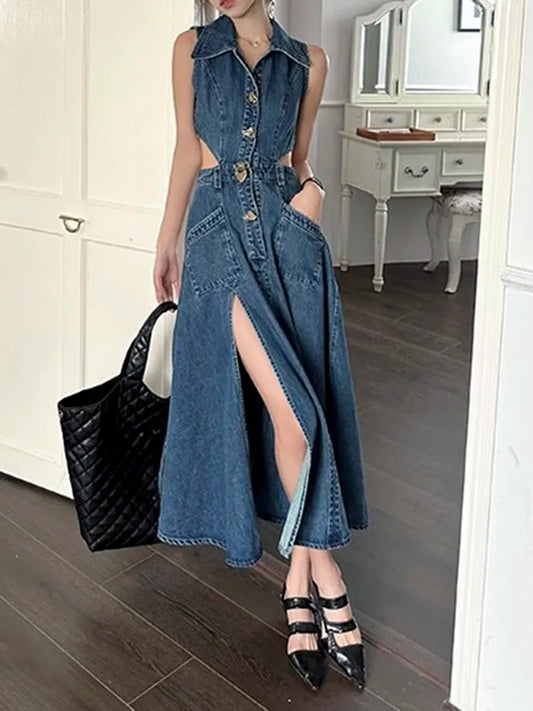 vmtvr Retro Denim Dress Women's Summer New Shirt Collar Hollow Split Waist Long Skirt Sleeveless One-piece Sexy Denim Dresses