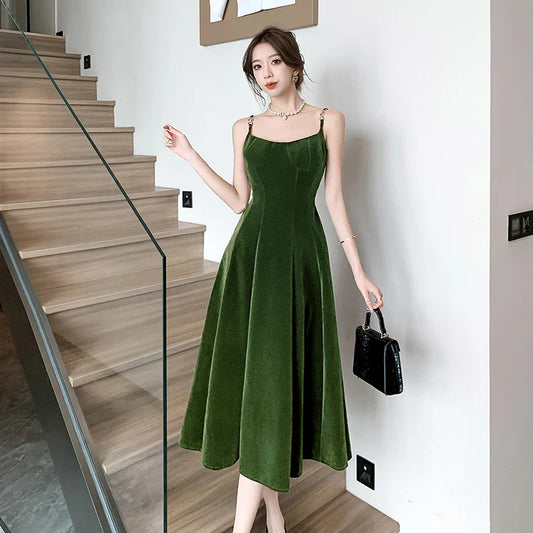 vmtvr  -  Elegant Party Sleeveless Velvet Midi Dresses for Women Autumn New Vintage Fashions A-line Slim Green Casual Female Clothing