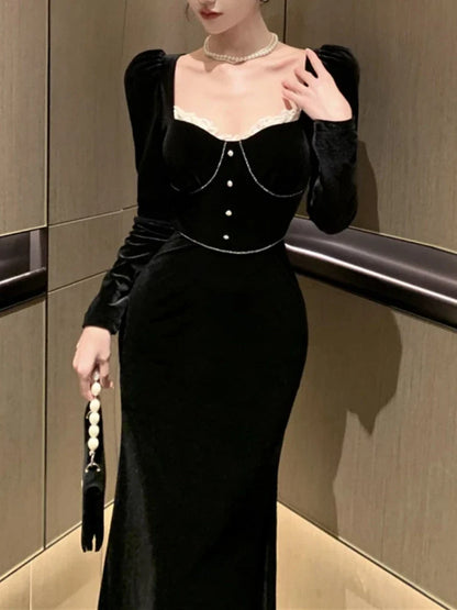 vmtvr Spring Autumn Sexy Black Velvet Dress for Women Elegant Bodycon Slim Evening Party Dresses Chic Vintage Female Clothes Mujers