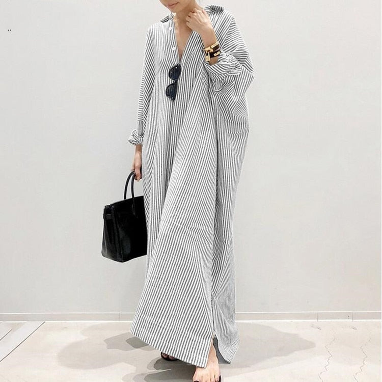 vmtvr -  Single Breasted Loose Maxi Dress Stripe Button Down Oversized Dress Long Sleeve Casual Blouse Dresses 5XL Plus Size Dress