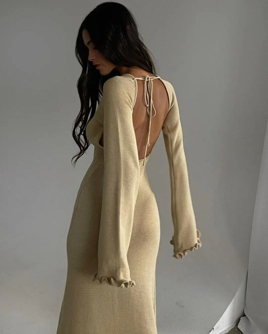 vmtvr Elegant Knitted Sweater Maxi Dress Outfits for Women Flare Sleeve Sexy Backless Dresses Edible Tree Fungus Clothes