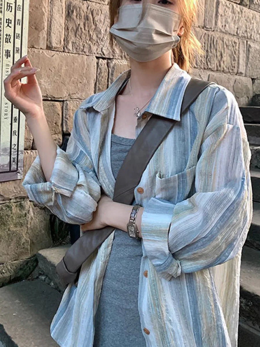 vmtvr Summer Striped Shirts Women Sun Protection Cardigan Top Vintage Ulzzang Chic Unisex Loose Fashion Streetwear Breathable Harajuku