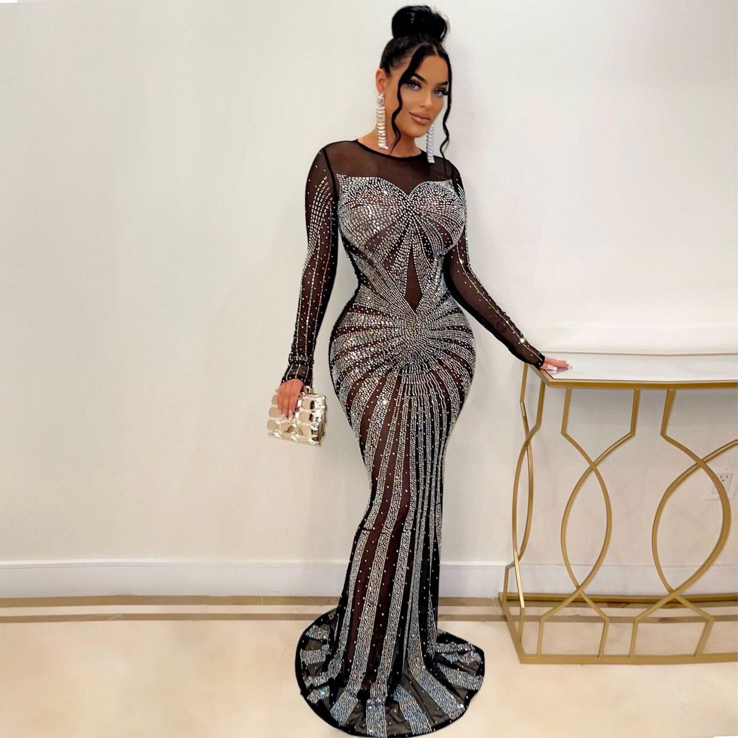 vmtvr Sexy Rhinestones Floor-length Evening Dresses Luxury Elegant Women's O-neck Long Sleeve See-through Mesh Night Club Long Dress