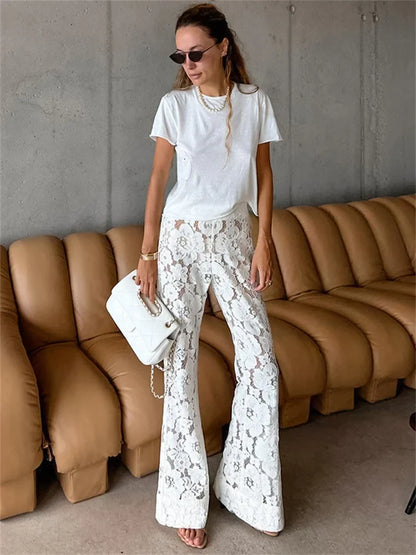 vmtvr White Printed High Waist Straight Legg Women Patchwork Hollow Out Fashion See-Through Lace Women's Pants Summer Clothes