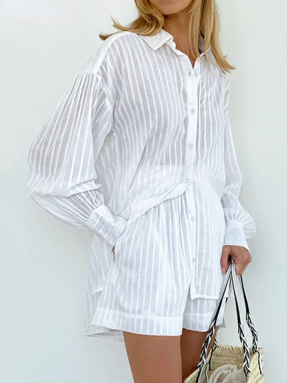 vmtvr Casual Shorts Sets Striped Jacquard 2 Pieces Cozy Lapel Lantern Sleeve Shirt Summer Outfit Elastic Waist Shorts Suits