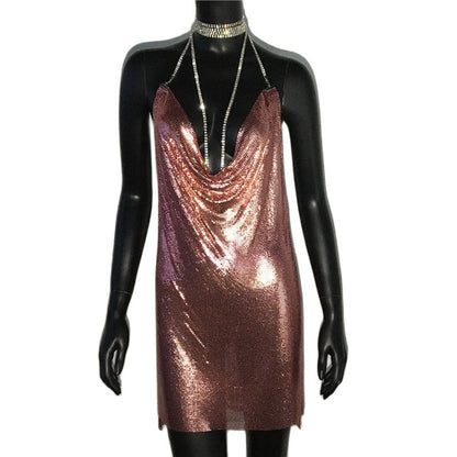 Sexy Gold Sequined Patchwork Mini Dress Women Sleeveless Low Cut Metal Chains Halter Slim Charming Nightclub Party Dresses