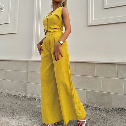 vmtvr Ladies Turn-down Collar Button Top and Wide Leg Pants Set Fashion Elegant Commuting Slim Suit New Summer Streetwear Solid Outfit