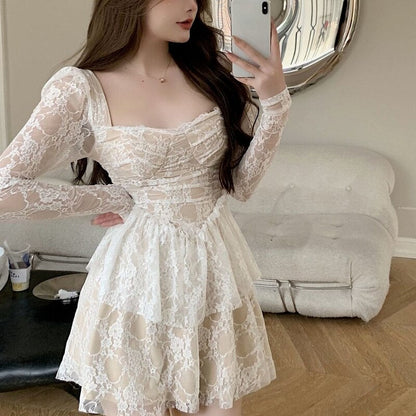 Summer Lace Fairy Dress Women Designer Patchwork Sexy Party Mini Dresses Female Ruffle Flounce Elegant Slim Kawaii Dresses