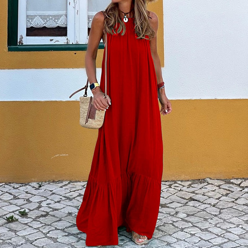 Lady Elegant Evening Dress Off Shoulder O-neck Sleeveless Solid Color Loose Maxi Dress  Spring Summer Women Dresses Vestidos