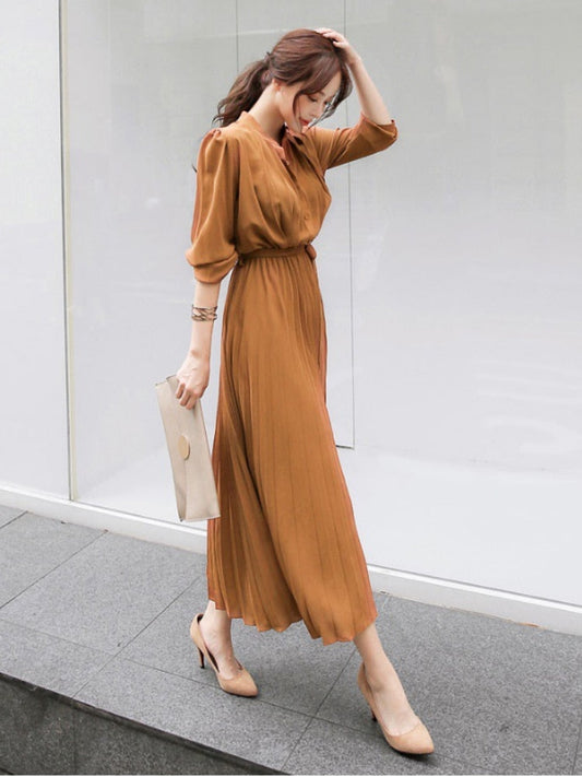 vmtvr Elegant Chiffon Long Sleeve Shirt Dress Women Belt Lace Up A-line Pleated Maxi Dress Korean Fashion Fall Clothes Streetwear