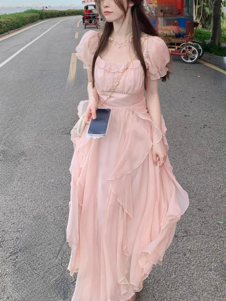 vmtvr - French Fairy Chiffon Midi Dress Women Short Sleeve Casual Boho Beach Sundress Women Pink Elegant Korean Dress Summer Chic