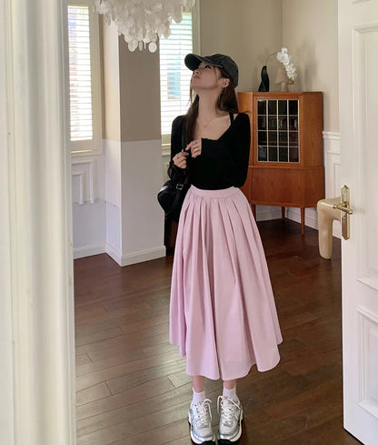 vmtvr Elegant Women Pockets Pleated Skirts For Ladies 2024 Spring Summer A-Line Loose Casual High Waist Midi Skirt SK25