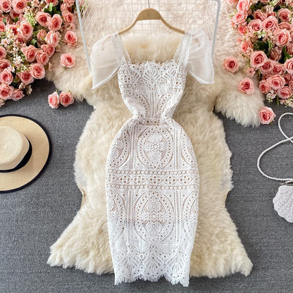 vmtvr White Lace Dresses for Women Summer 2023 New Puff Sleeve Square Collar Back Zipper Hollow Out A-Line Evening Midi Dress