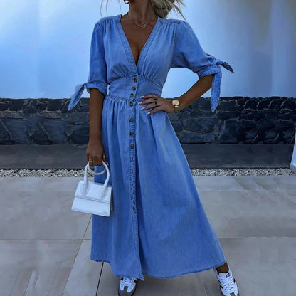 vmtvr  -  Elegant Deep V-neck Half Sleeves Denim Dress Women Fashion Single-breasted Solid Long Dress Casual Hight Waist Solid Party Dress