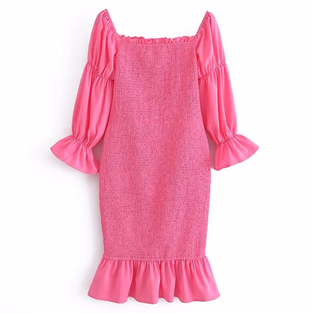 vmtvr - Foridol Off Shoulder Women Sexy Rose Red Midi Dress Long Sleeve Ruffles Trimmed Elastic Smocking Beach Summer New 2023