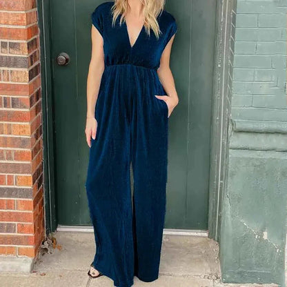 vmtvr Elegant Solid Soft Velvet Party Jumpsuits Women Spring V-neck Elastic Waist Straight Rompers Summer Sleeveless Wide Leg Overalls