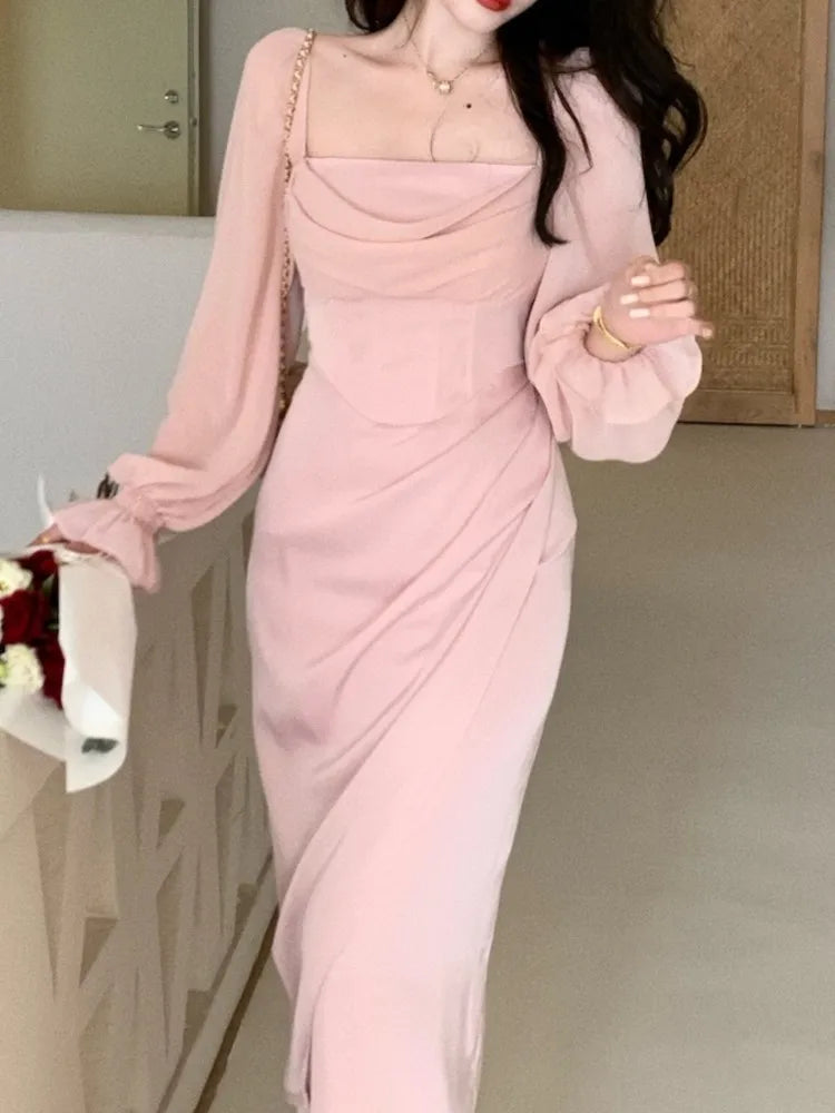 vmtvr Autumn Women Elegant Bodycon Midi Party Dress Long Sleeve Vintage Casual Solid Evening Vestidos Femme Fashion Slim Robe Clothes