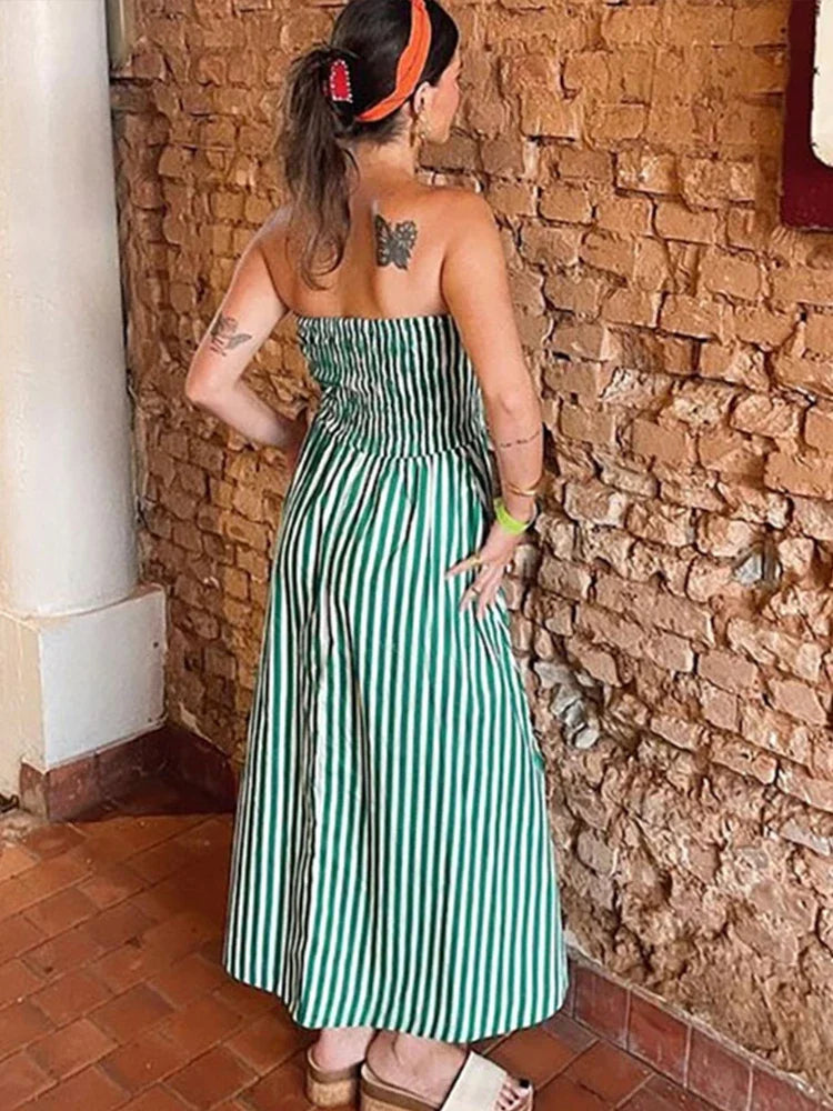 vmtvr  -  Striped Strapless Midi Dress Women Backless High Waist Slim Sexy Elastic Vacation Dresses Female Spring Summer Street Robe