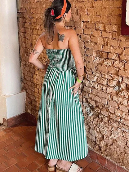 vmtvr  -  Striped Strapless Midi Dress Women Backless High Waist Slim Sexy Elastic Vacation Dresses Female Spring Summer Street Robe