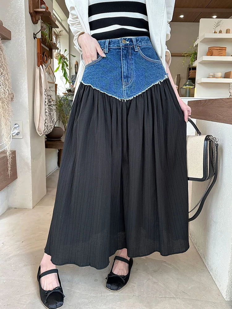 vmtvr Vintage High Waist Ladies Pockets White Long Patchwork A-line Jeans Skirts 2024 Summer Autumn Women Denim Midi Skirts