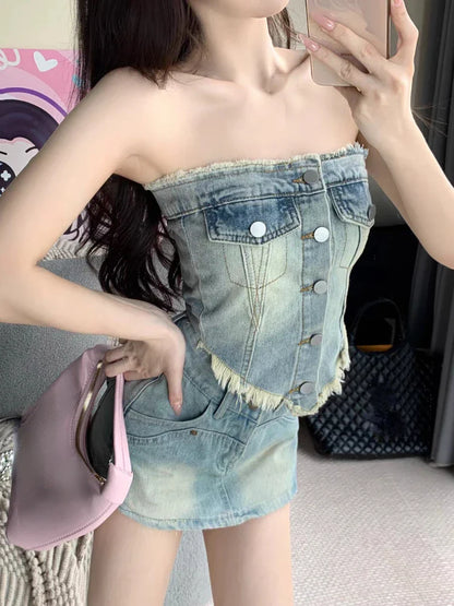 vmtvr 2024 Summer Vintage 2 Piece Skirt Set Women Casual Y2k Sleeveless Tops + Office Lady Slim Mini Skirt Fashion Sweet Denim Suits