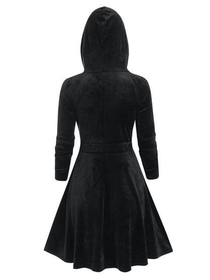 vmtvr Animal Hooded Zip Up Velour Dress A Line Mini Solid Color Long Sleeve Coat Robe For Women Fall WInter